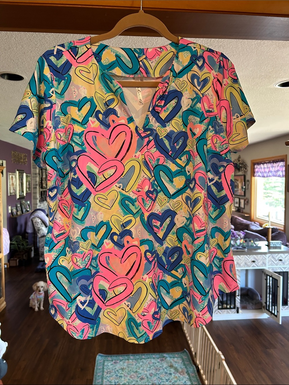 Lulu-B V-Neck Heart Print Top - Pink, Teal, Blue, Yellow